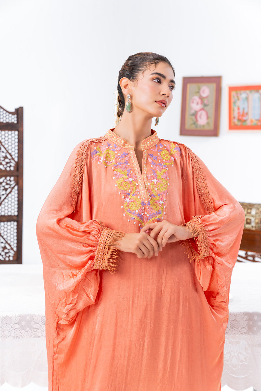 Peach Chiffon Kaftan And Pant With Inner