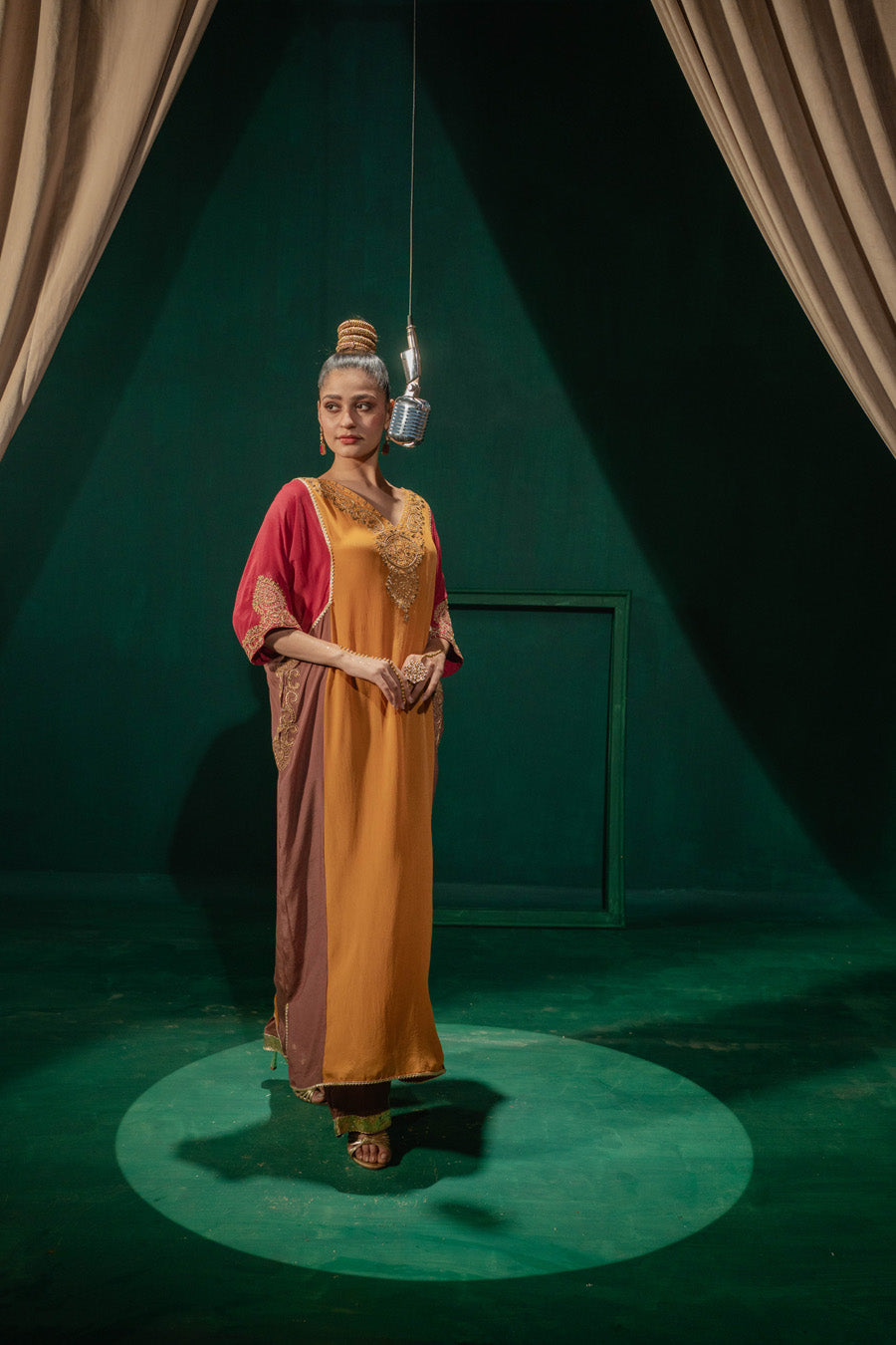 Red Yellow Brown Blocking Phiran With Straight Pants