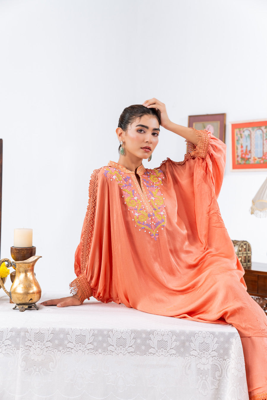 Peach Chiffon Kaftan And Pant With Inner