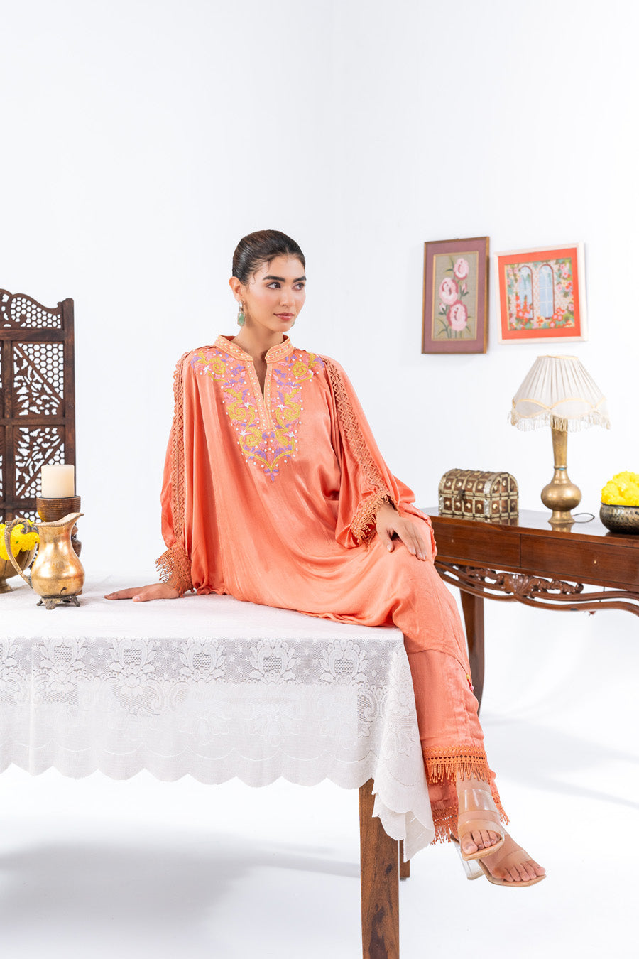 Peach Chiffon Kaftan And Pant With Inner