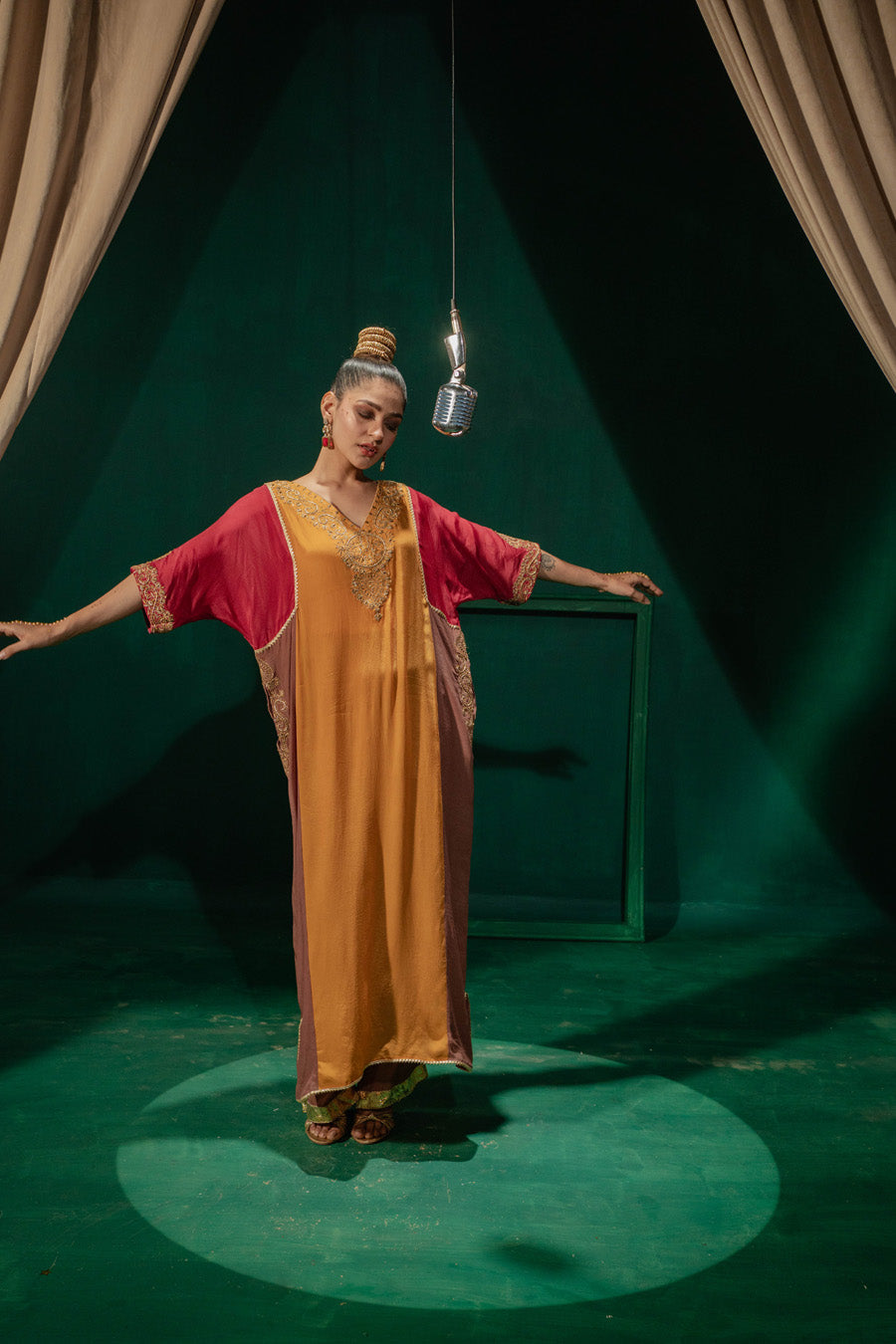 Red Yellow Brown Blocking Phiran With Straight Pants