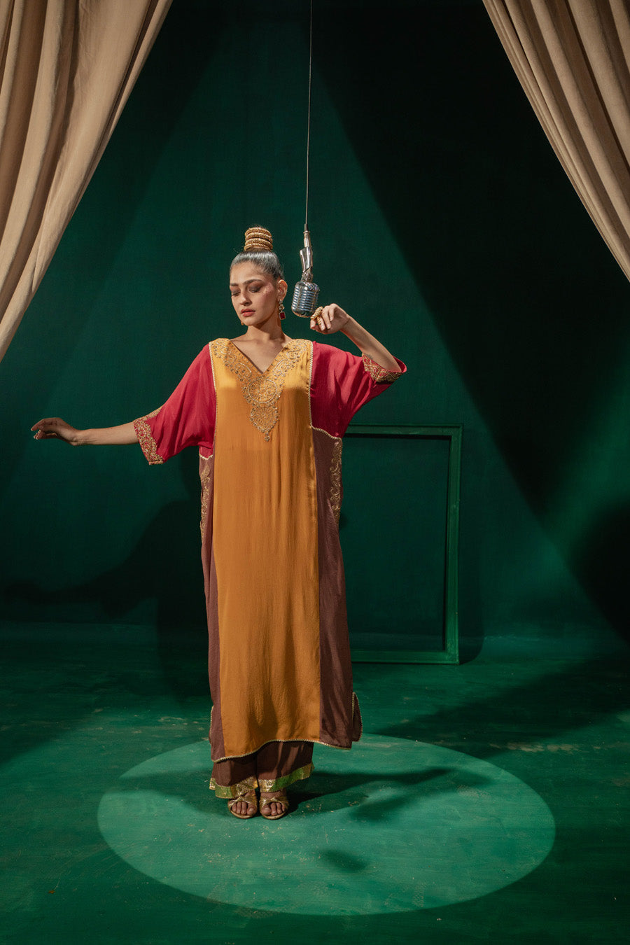 Red Yellow Brown Blocking Phiran With Straight Pants