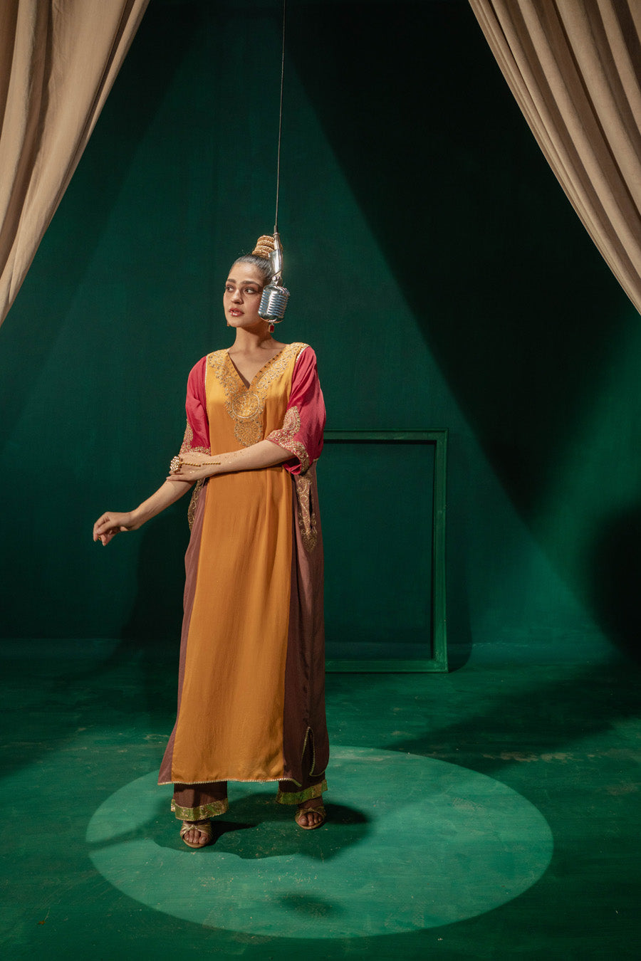 Red Yellow Brown Blocking Phiran With Straight Pants