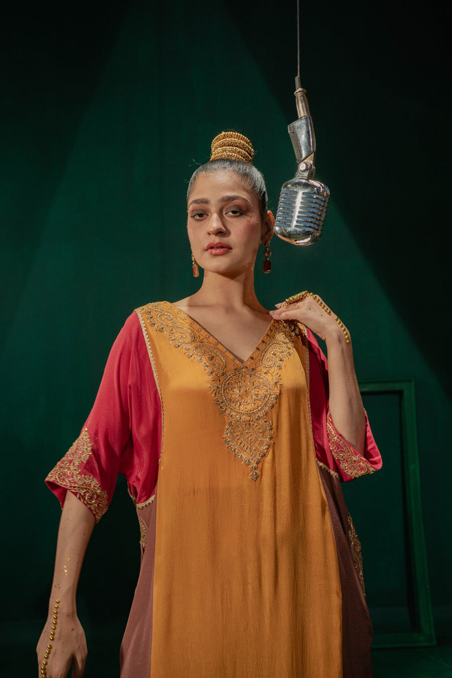 Red Yellow Brown Blocking Phiran With Straight Pants