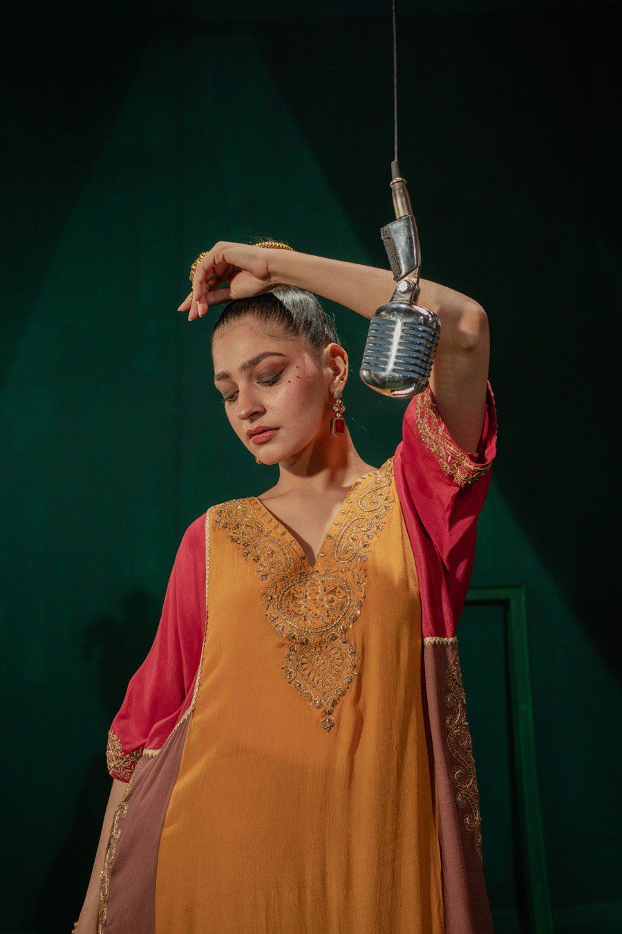 Red Yellow Brown Blocking Phiran With Straight Pants