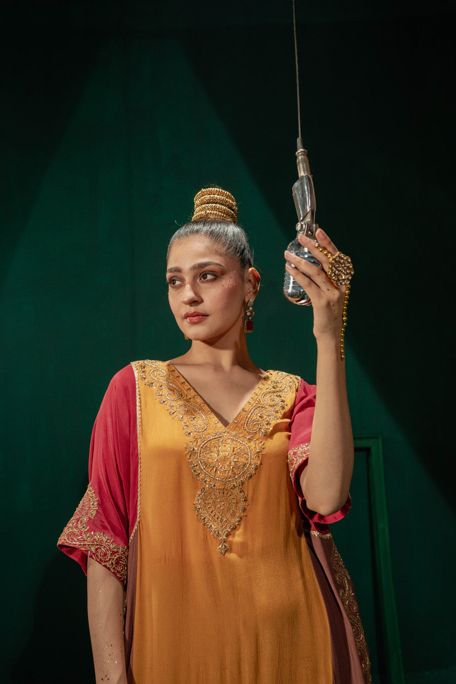 Red Yellow Brown Blocking Phiran With Straight Pants