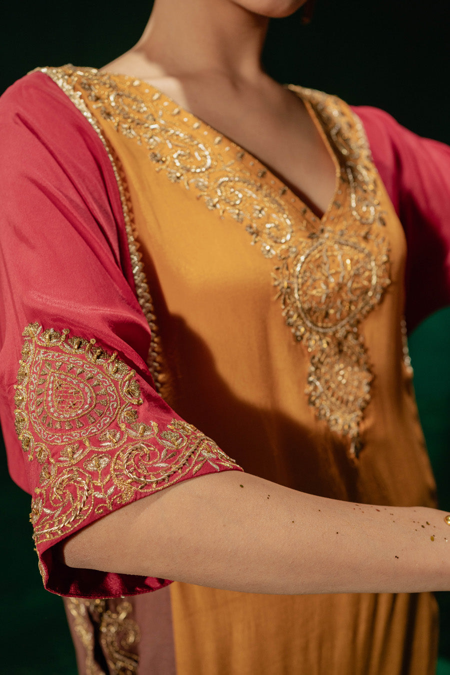 Red Yellow Brown Blocking Phiran With Straight Pants