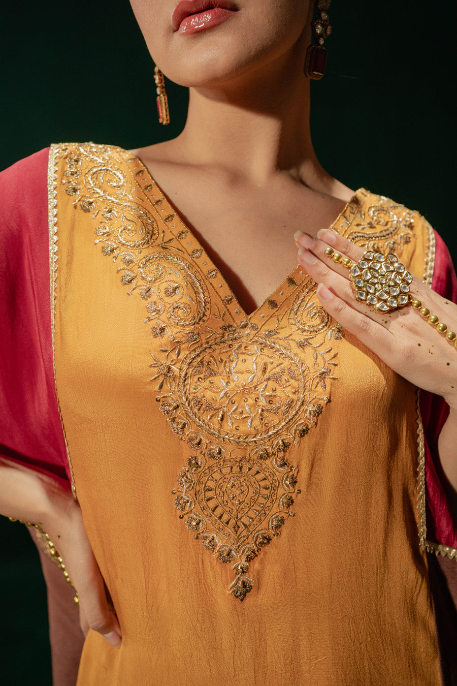 Red Yellow Brown Blocking Phiran With Straight Pants