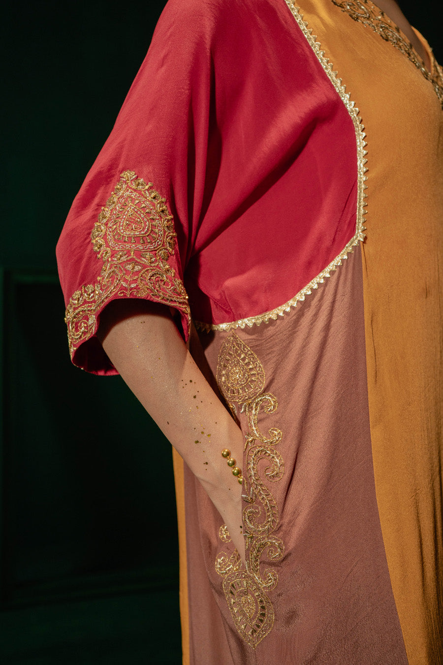 Red Yellow Brown Blocking Phiran With Straight Pants