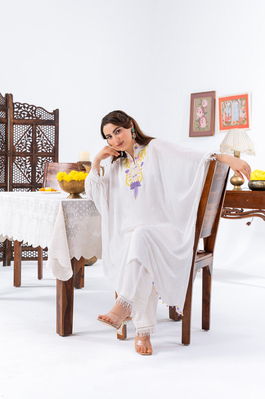 White Chiffon Kaftan And Pant With Inner