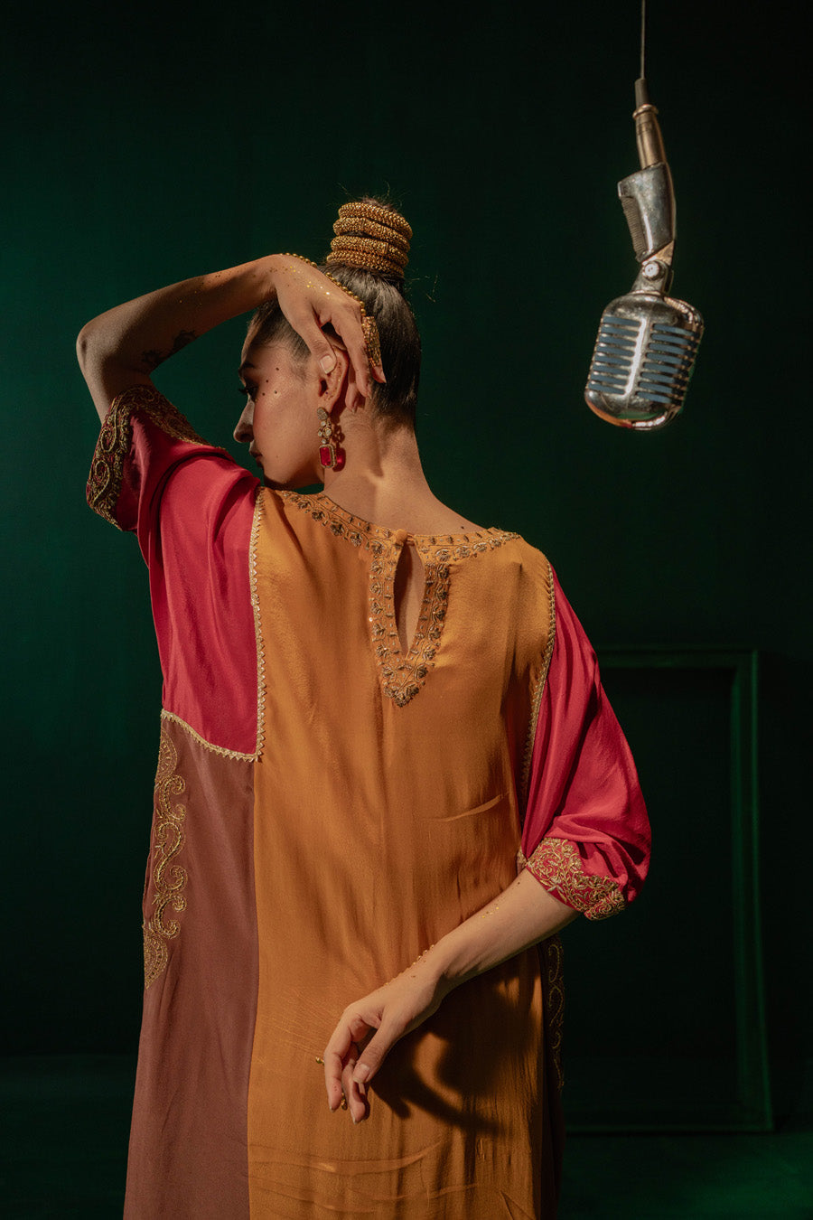 Red Yellow Brown Blocking Phiran With Straight Pants