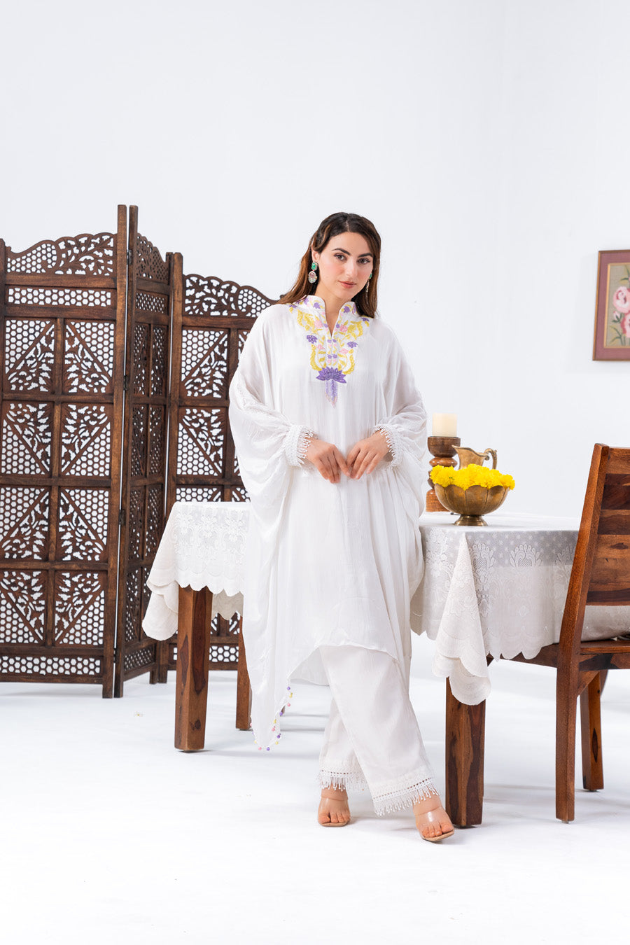 White Chiffon Kaftan And Pant With Inner