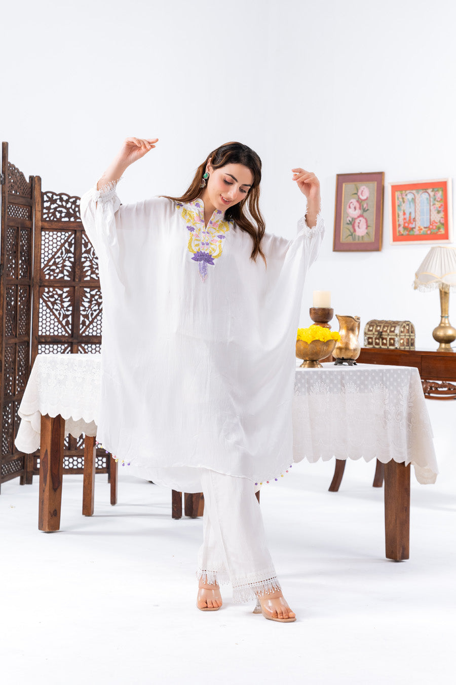 White Chiffon Kaftan And Pant With Inner