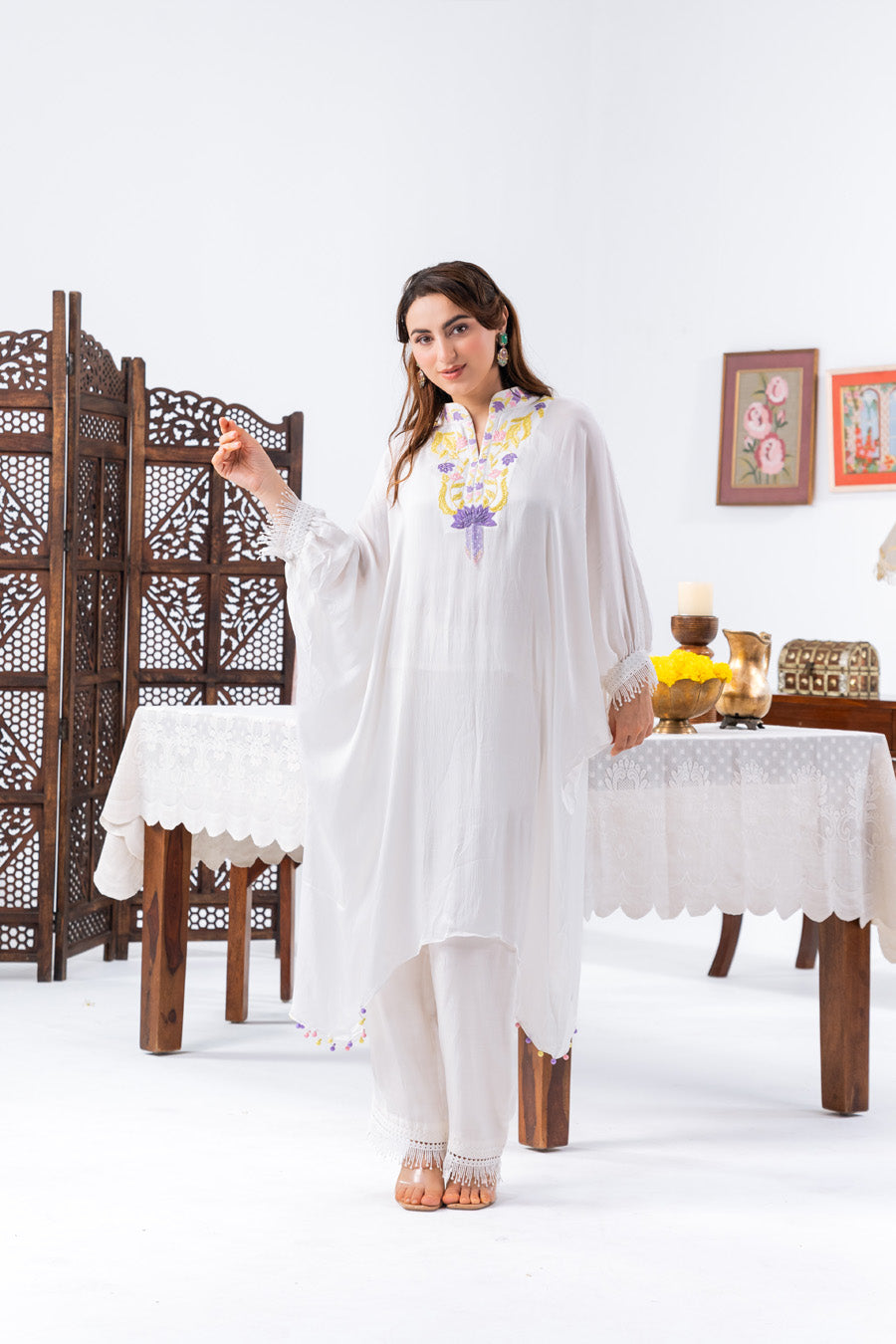 White Chiffon Kaftan And Pant With Inner