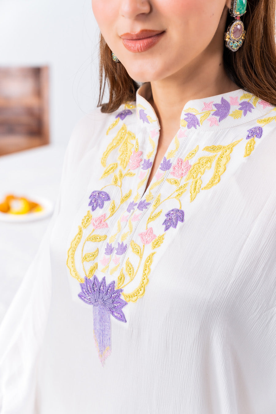 White Chiffon Kaftan And Pant With Inner