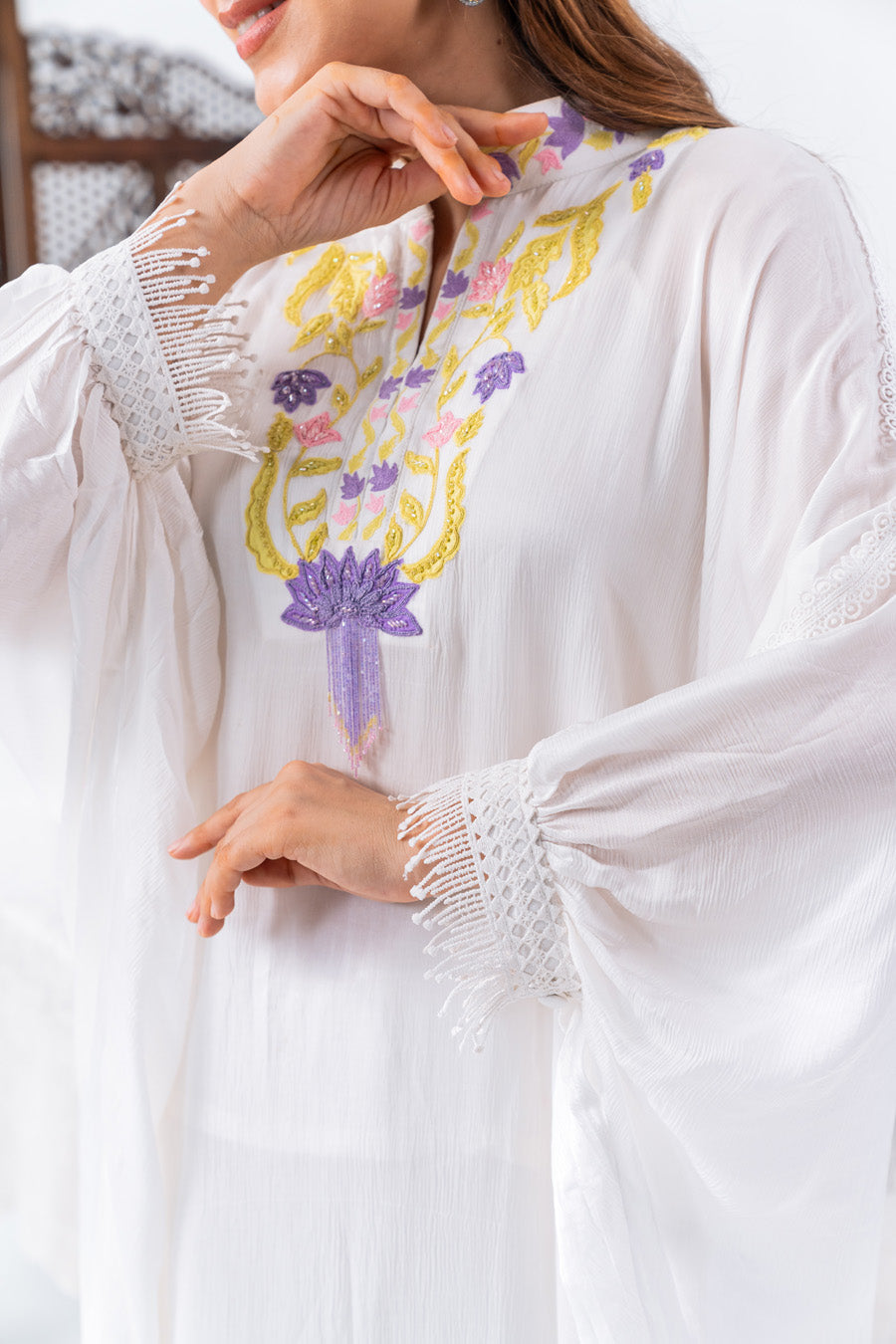 White Chiffon Kaftan And Pant With Inner