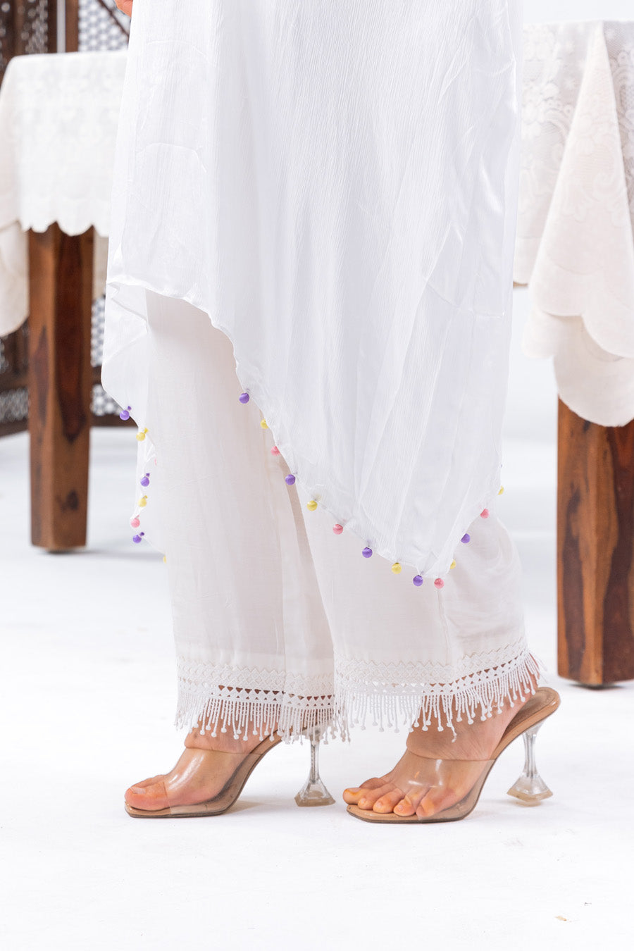 White Chiffon Kaftan And Pant With Inner