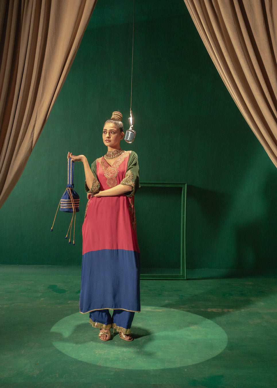 Hot Pink Green Blue Blocking Phiran With Straight Pants