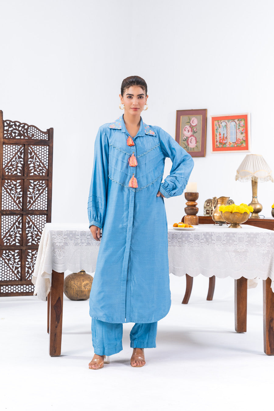 Blue Long Shirt Kurta And Pants
