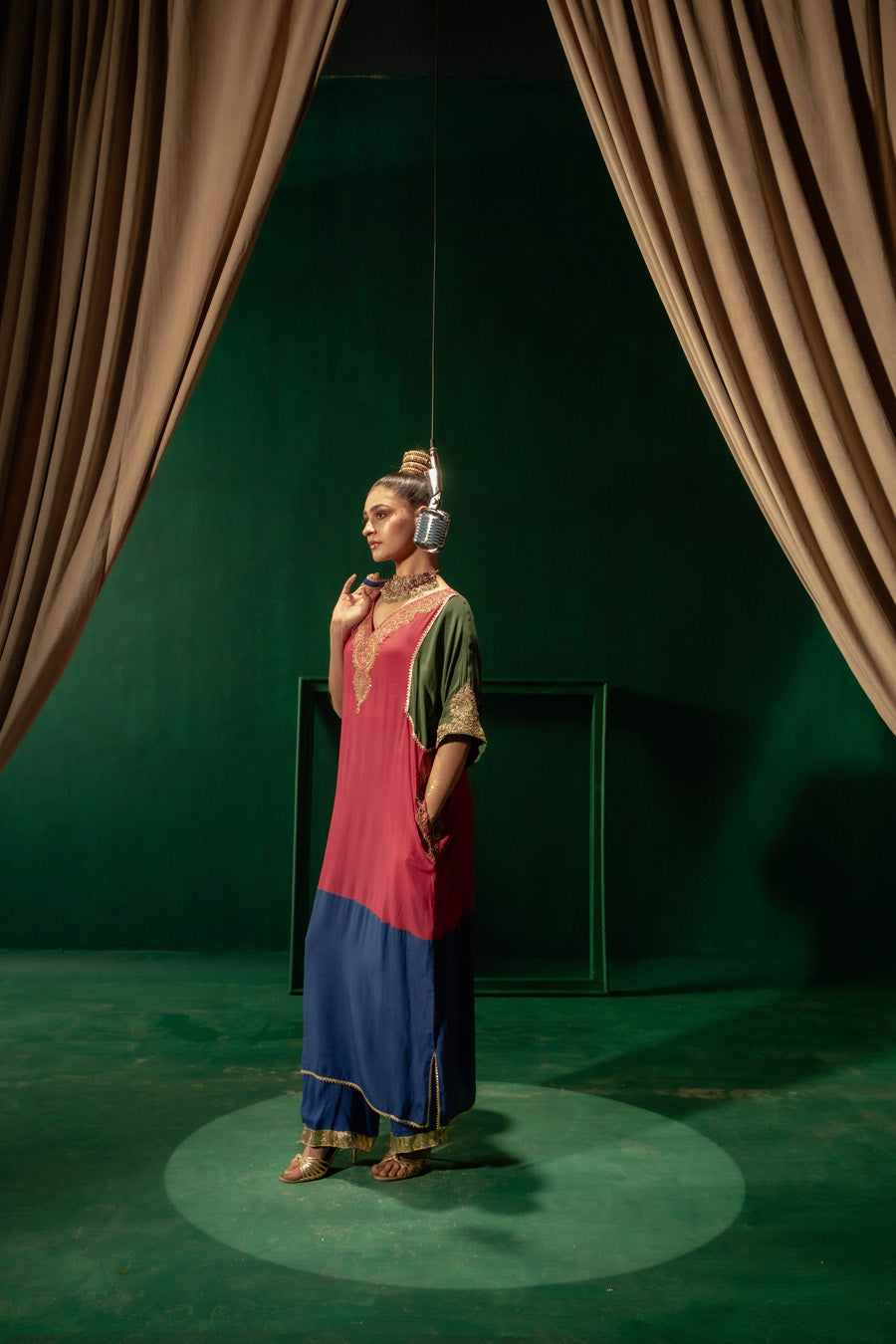 Hot Pink Green Blue Blocking Phiran With Straight Pants