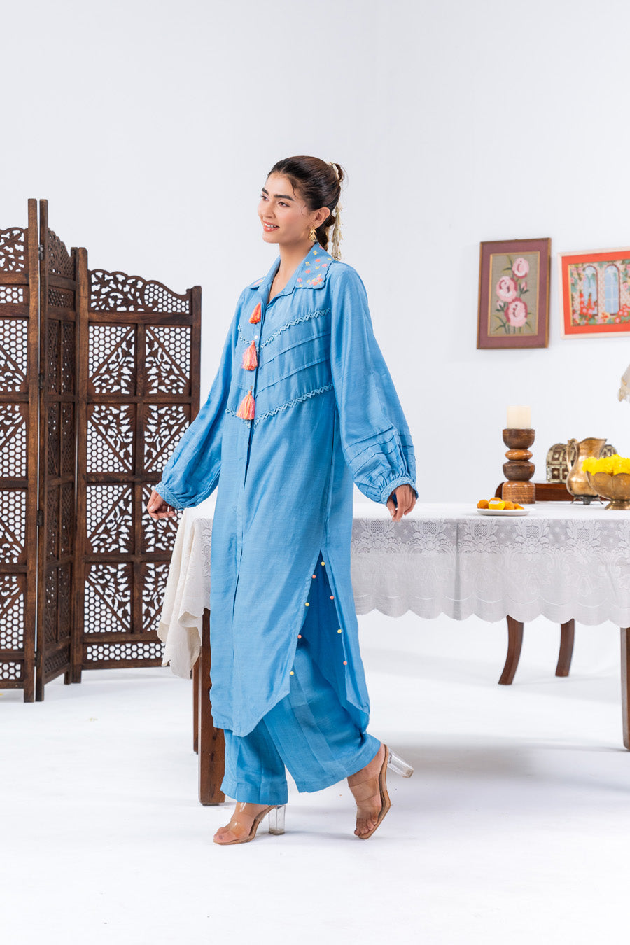 Blue Long Shirt Kurta And Pants