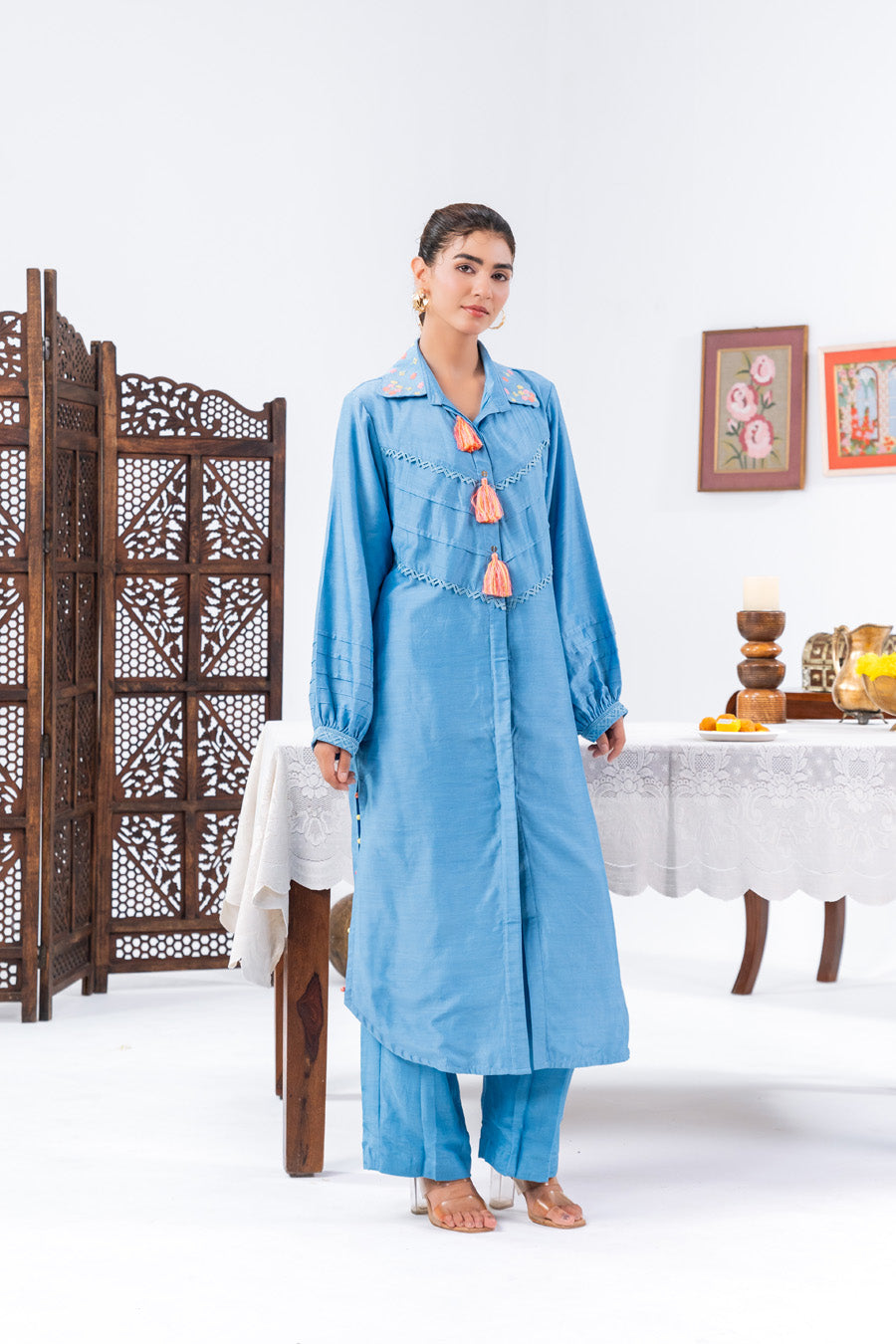 Blue Long Shirt Kurta And Pants