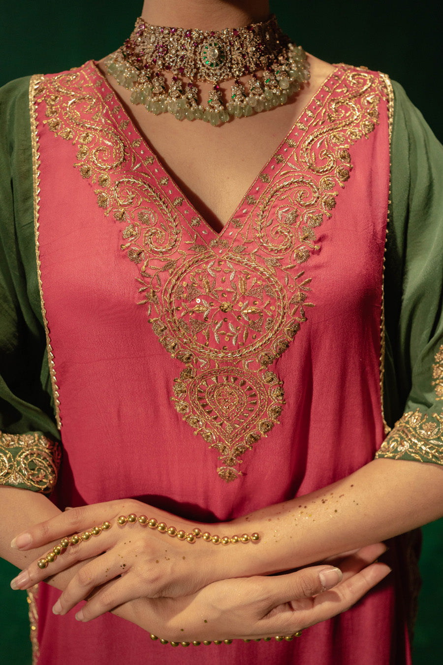 Hot Pink Green Blue Blocking Phiran With Straight Pants