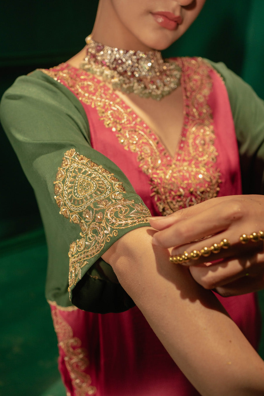 Hot Pink Green Blue Blocking Phiran With Straight Pants