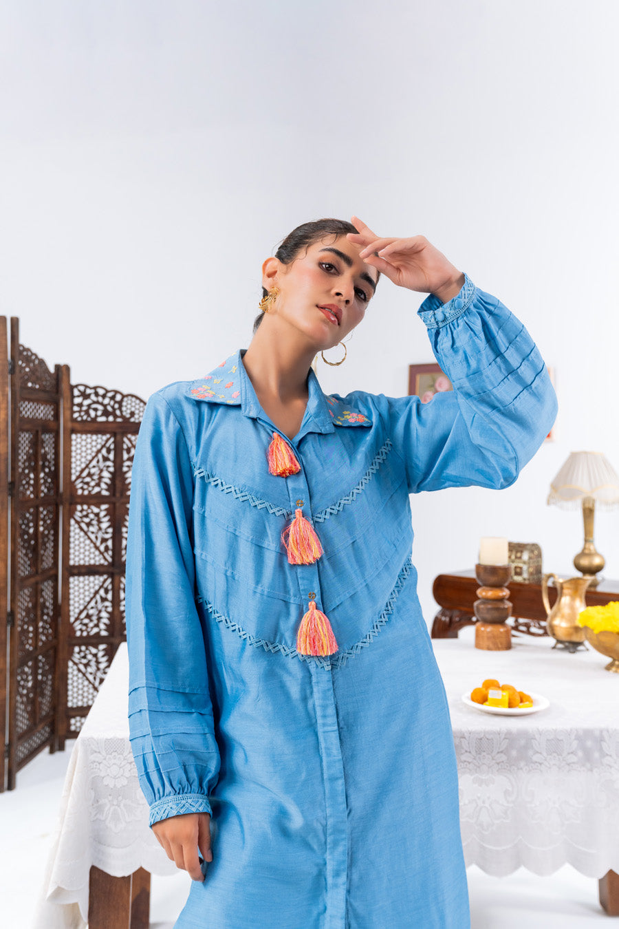 Blue Long Shirt Kurta And Pants