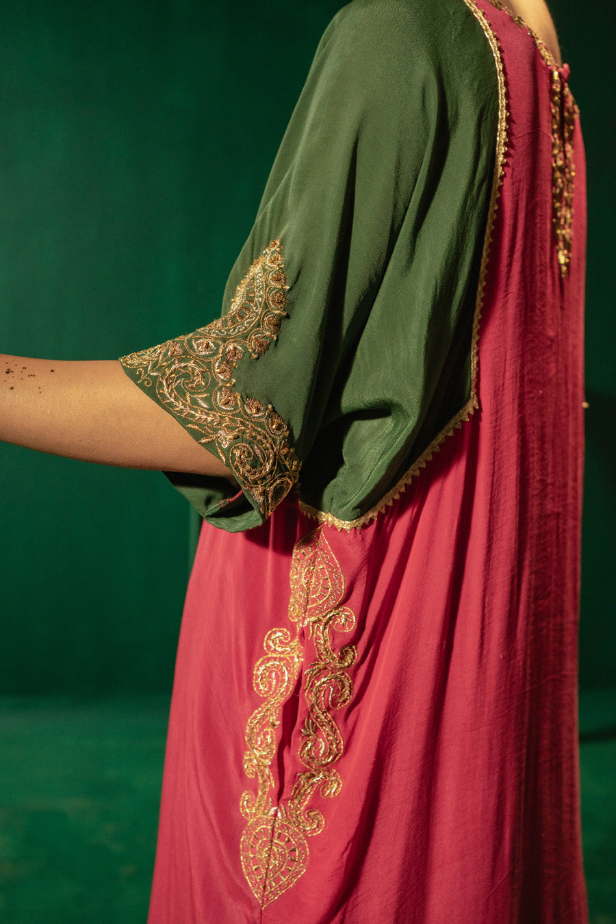 Hot Pink Green Blue Blocking Phiran With Straight Pants