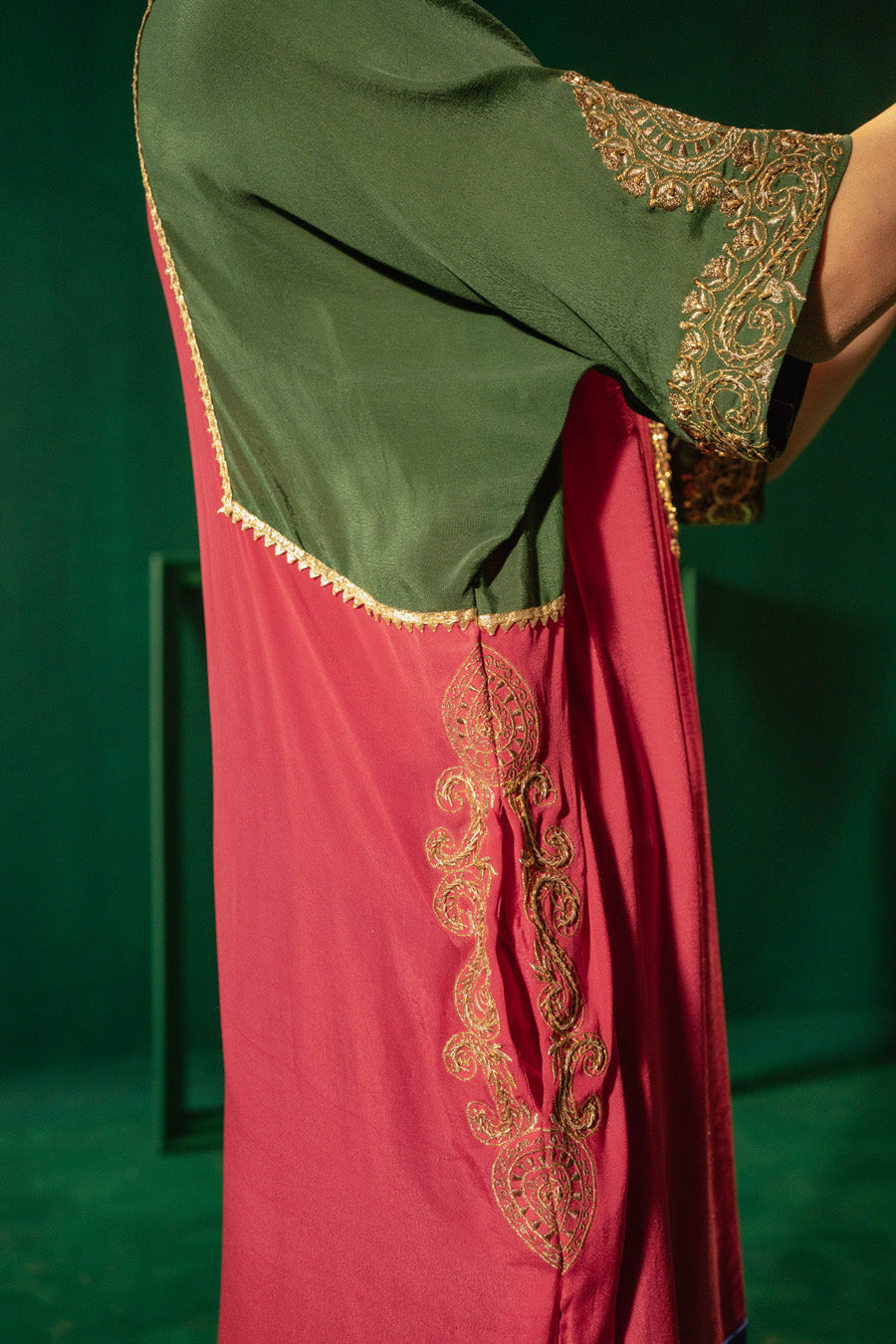 Hot Pink Green Blue Blocking Phiran With Straight Pants