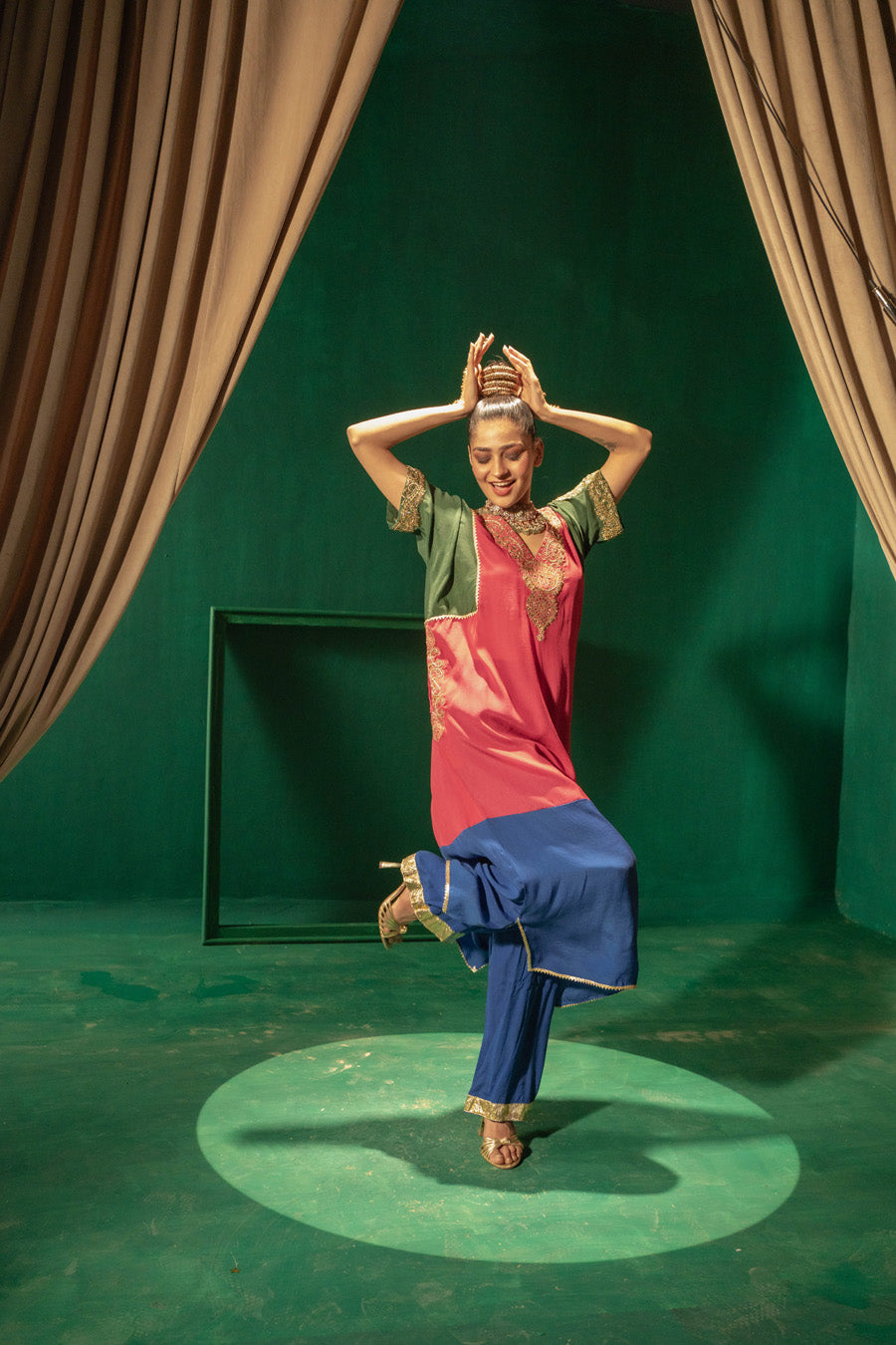 Hot Pink Green Blue Blocking Phiran With Straight Pants