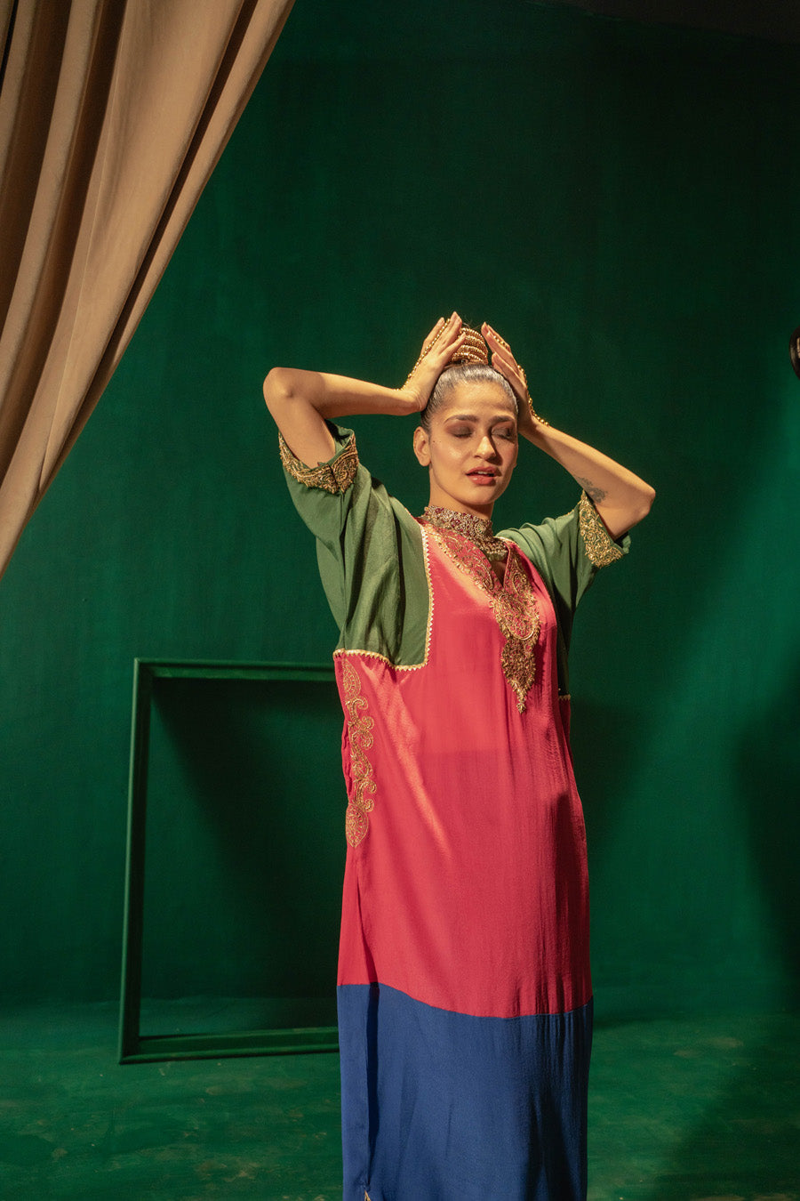 Hot Pink Green Blue Blocking Phiran With Straight Pants