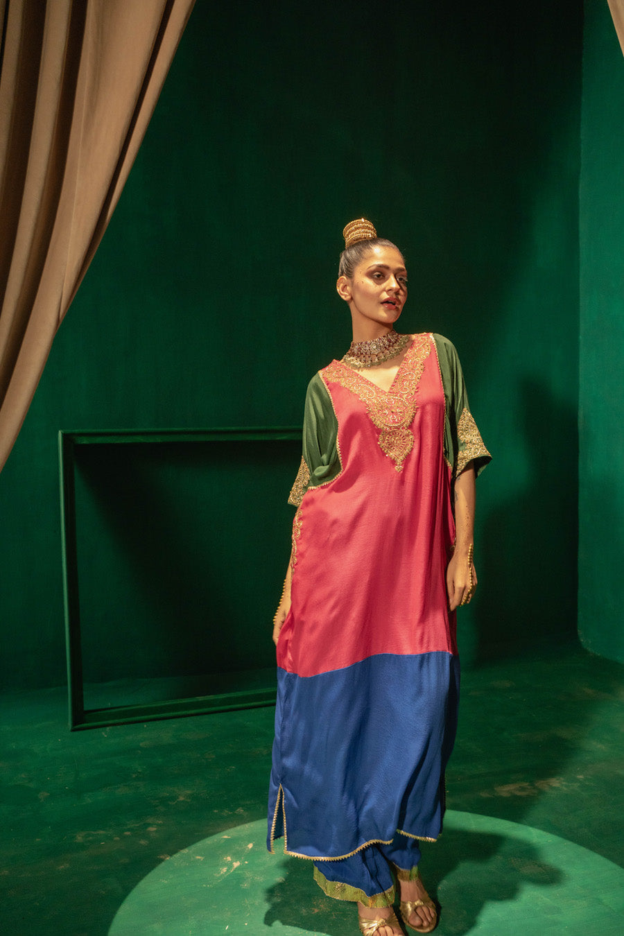 Hot Pink Green Blue Blocking Phiran With Straight Pants