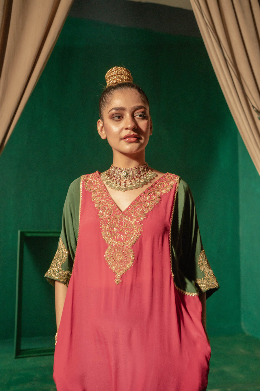 Hot Pink Green Blue Blocking Phiran With Straight Pants