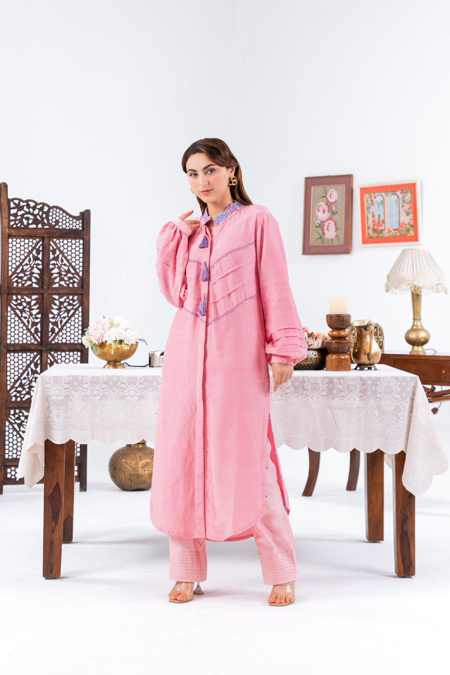 Pink Long Shirt Kurta And Pants