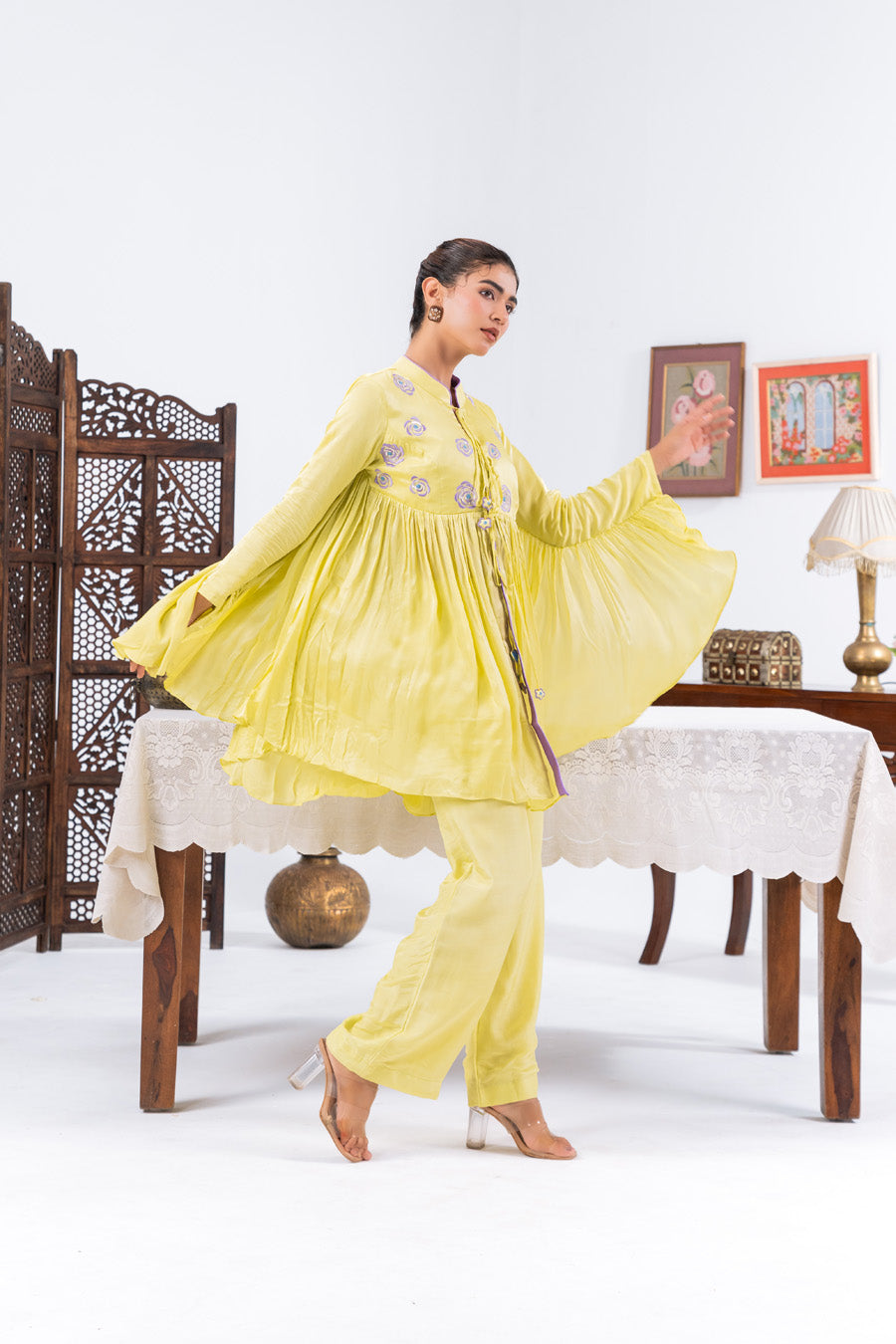 Lime Green Flared Top With Straight Pants