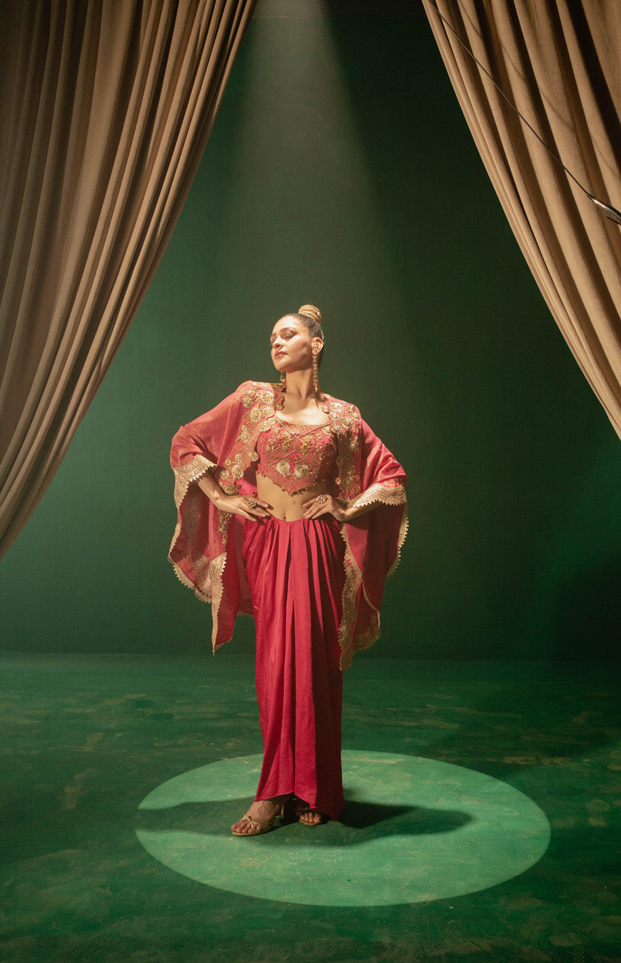 Hot Pink Blouse And Draped Skirt With Cape