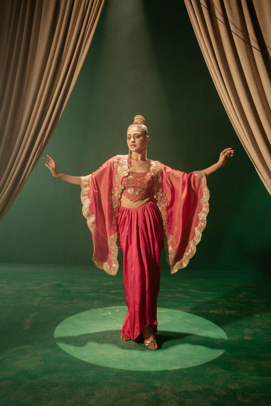 Hot Pink Blouse And Draped Skirt With Cape