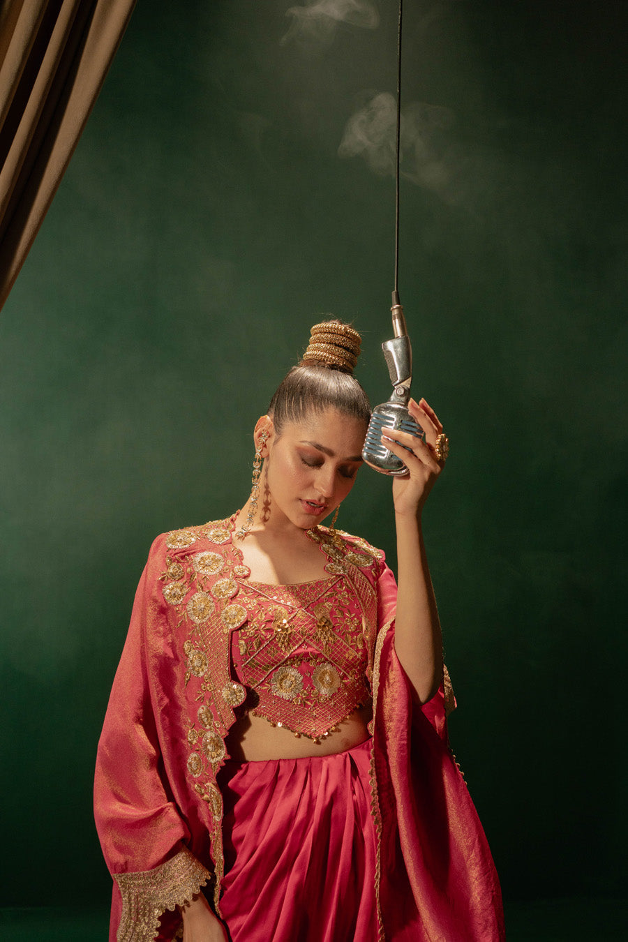 Hot Pink Blouse And Draped Skirt With Cape