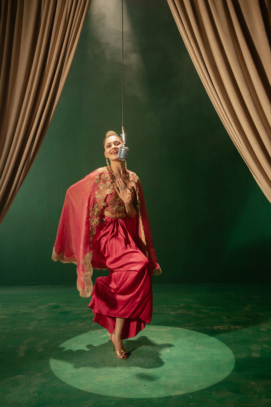 Hot Pink Blouse And Draped Skirt With Cape