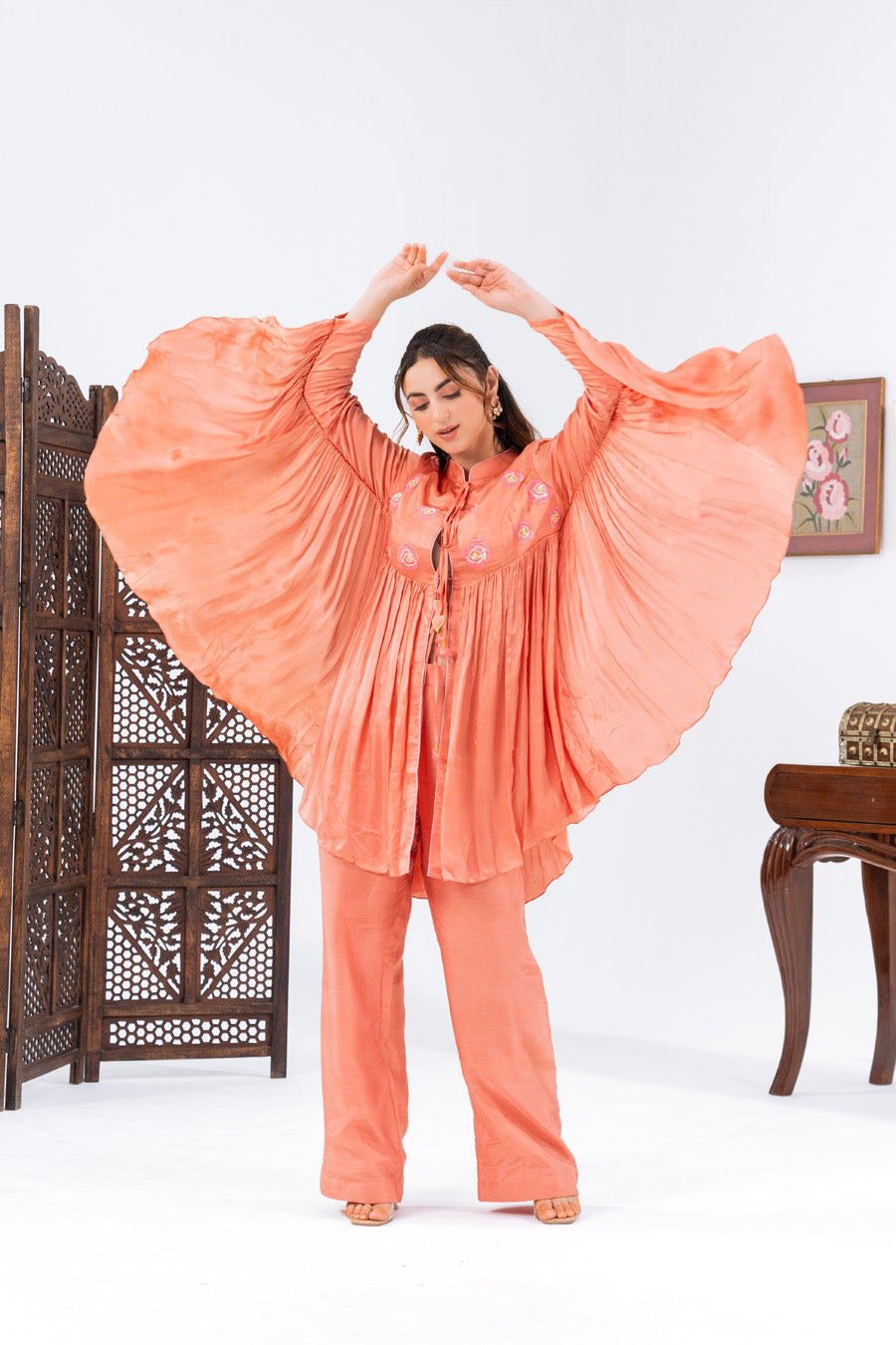 Peach Flared Top With Straight Pants