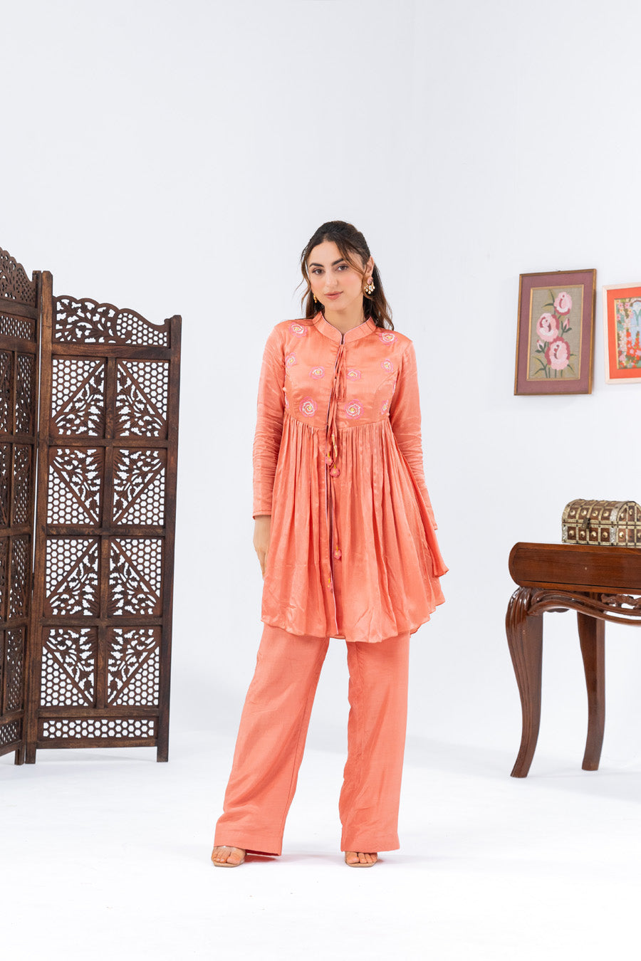 Peach Flared Top With Straight Pants