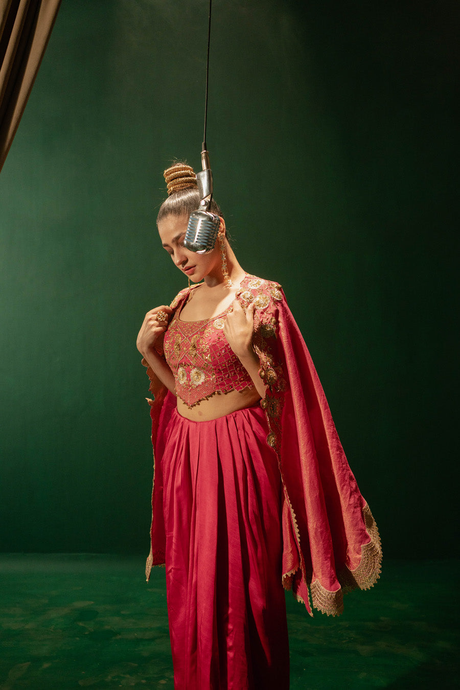Hot Pink Blouse And Draped Skirt With Cape