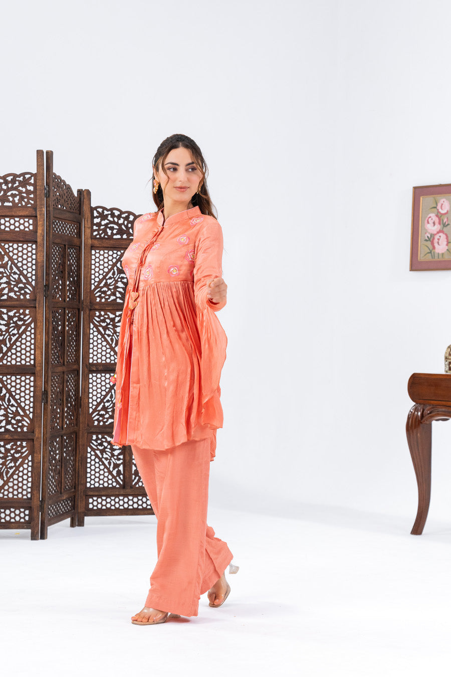 Peach Flared Top With Straight Pants