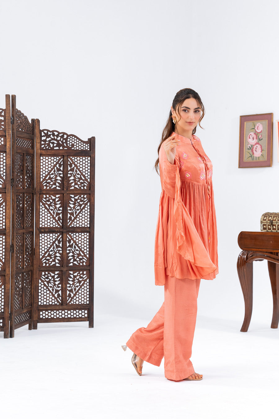 Peach Flared Top With Straight Pants