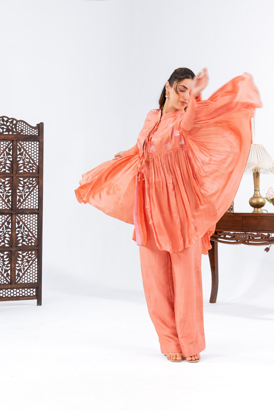 Peach Flared Top With Straight Pants