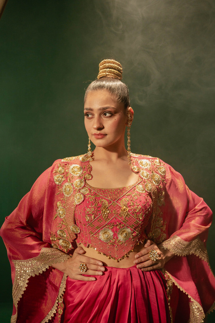 Hot Pink Blouse And Draped Skirt With Cape