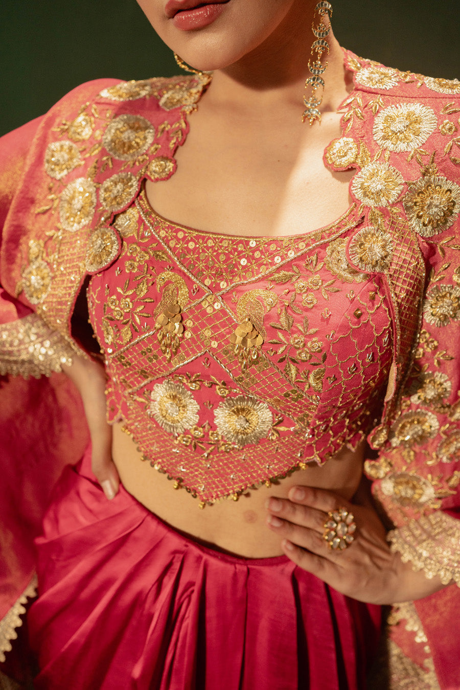Hot Pink Blouse And Draped Skirt With Cape