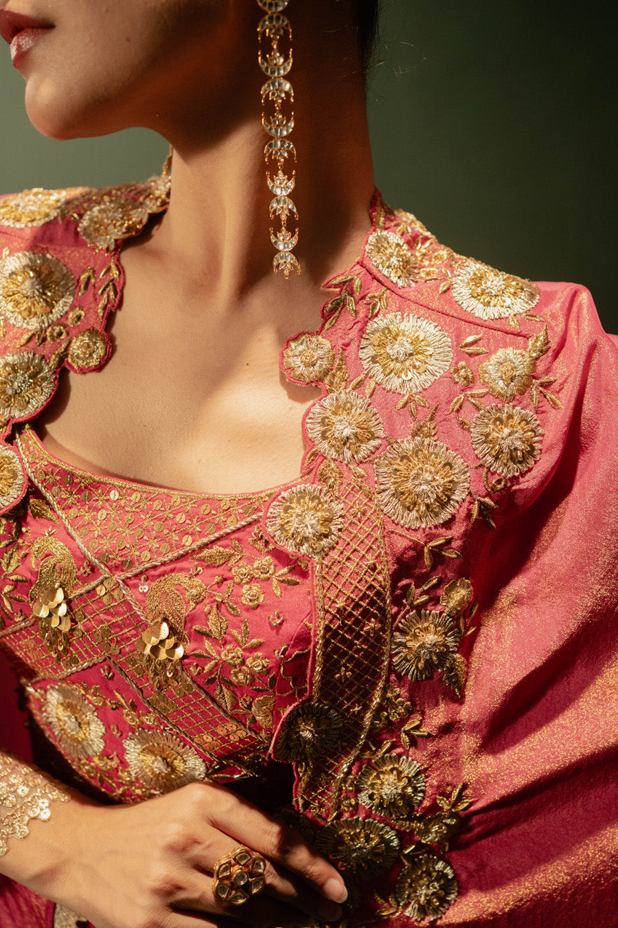 Hot Pink Blouse And Draped Skirt With Cape